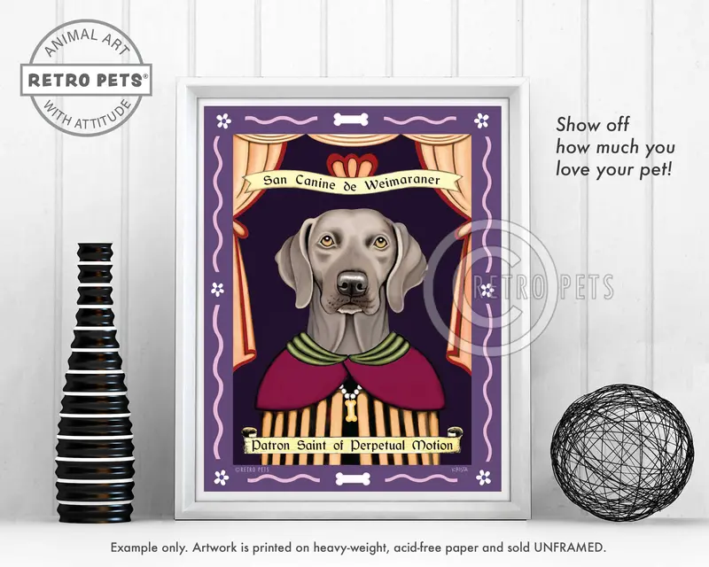 Amber-Eyed Weimaraner Art Print – Saint Of Perpetual Motion By Krista Brooks 1