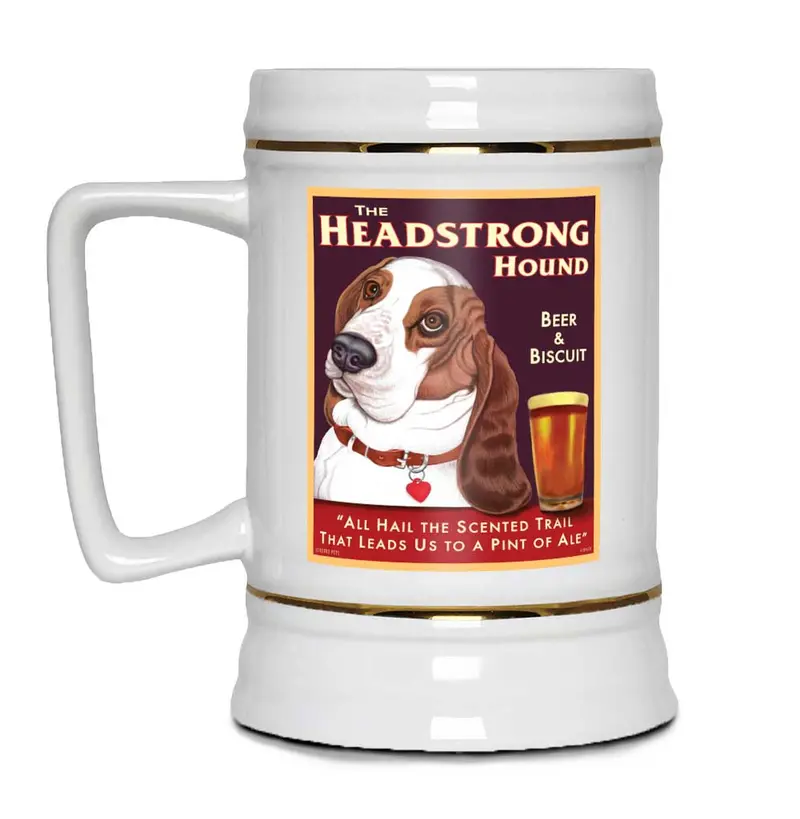 Basset Hound Beer Stein – Red & White 'Headstrong Hound' Art, 22Oz 1