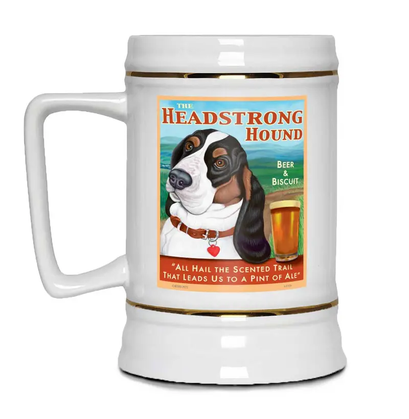 Basset Hound Beer Stein – Tri-Color 'Headstrong Hound' Illustration, 22Oz 1
