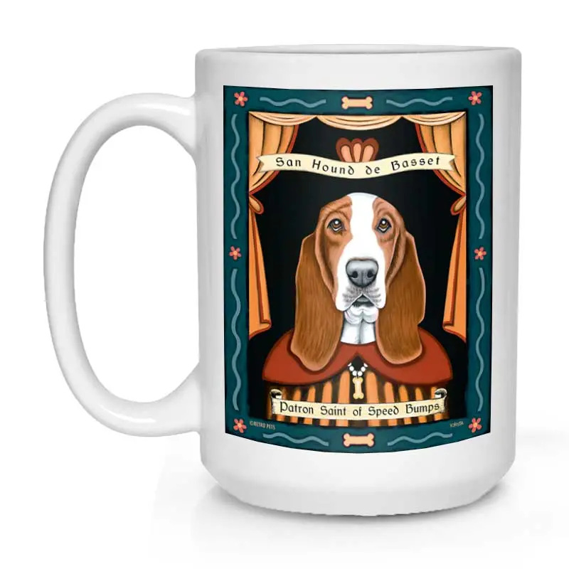 Basset Hound Mug – 'Saint Of Speed Bumps' Art Print, 15 Oz White Ceramic 1