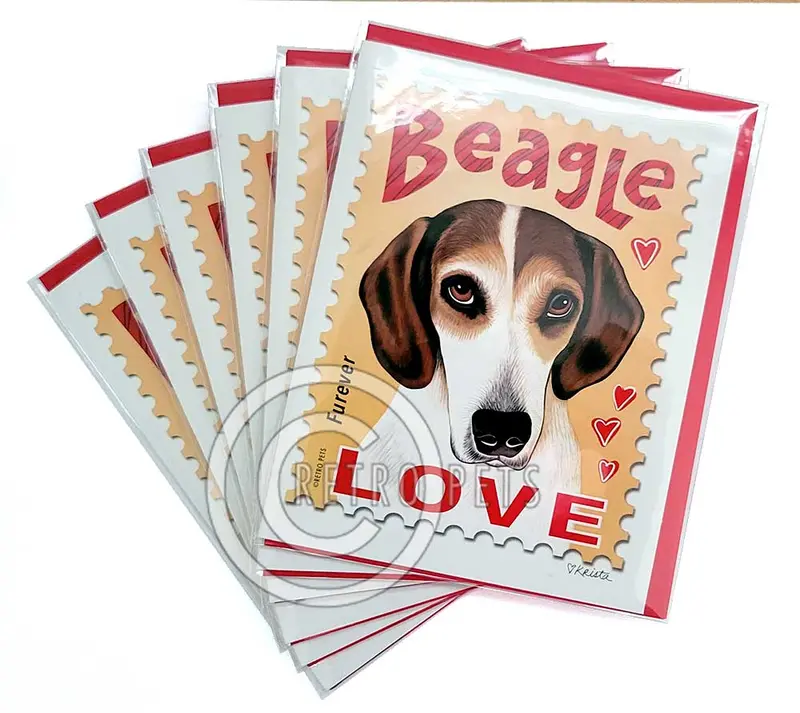 Beagle Greeting Cards: Charming Retro 'Love' Stamp Design (6-Pack) 1
