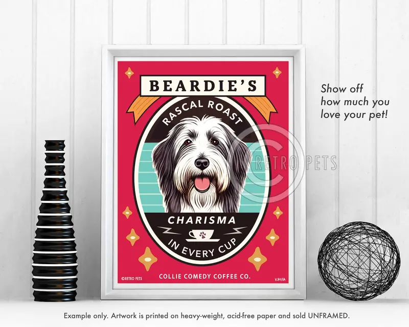 Bearded Collie Art Print – 'Beardie'S Rascal Roast' Coffee-Themed Wall Decor For Dog Lovers 1