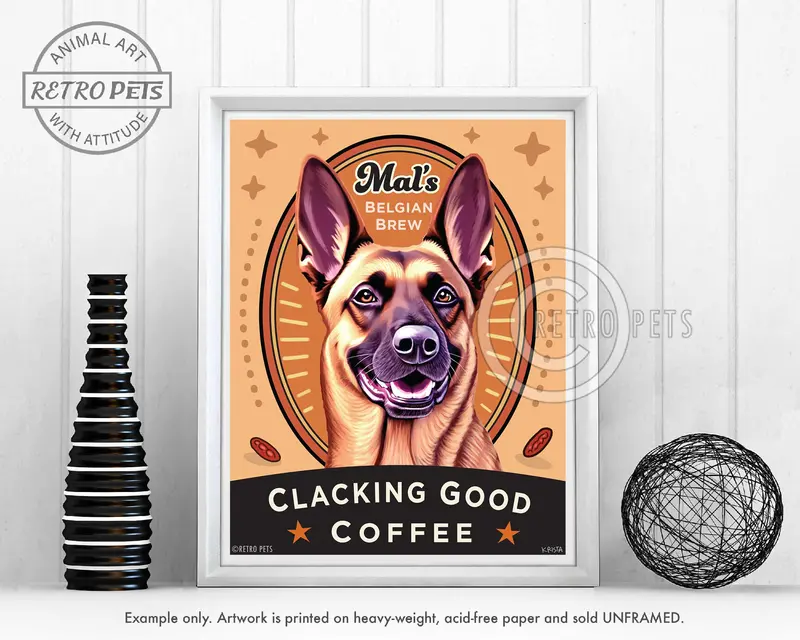 Belgian Malinois Faux Coffee Label Art Print – 'Mal'S Belgian Brew' Canine-Themed Wall Art 1