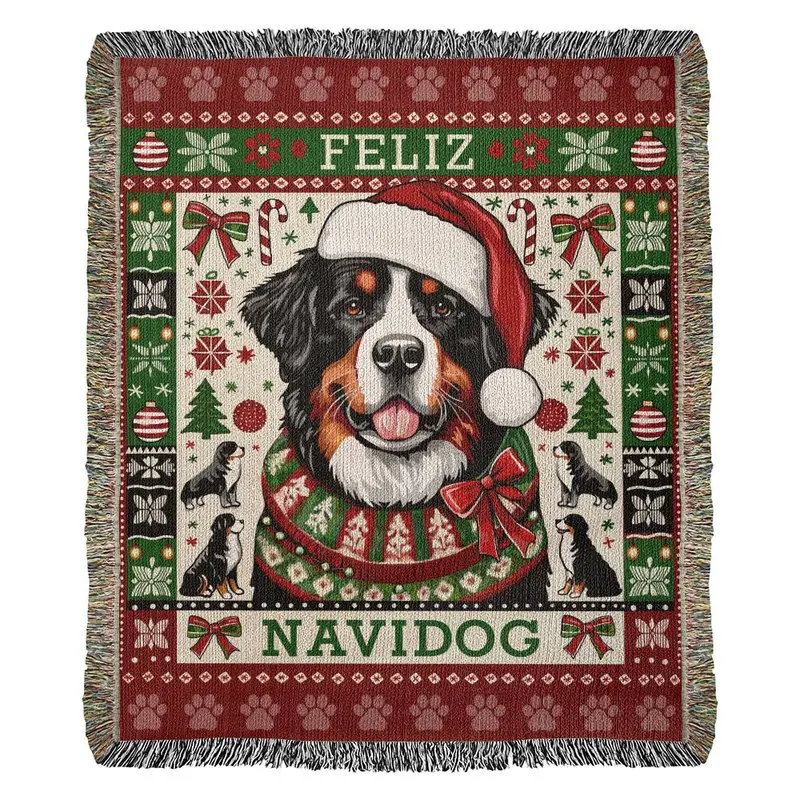 Bernese Mountain Dog 'Feliz Navidog' Spanish-Style Holiday Blanket – Made In Usa 1