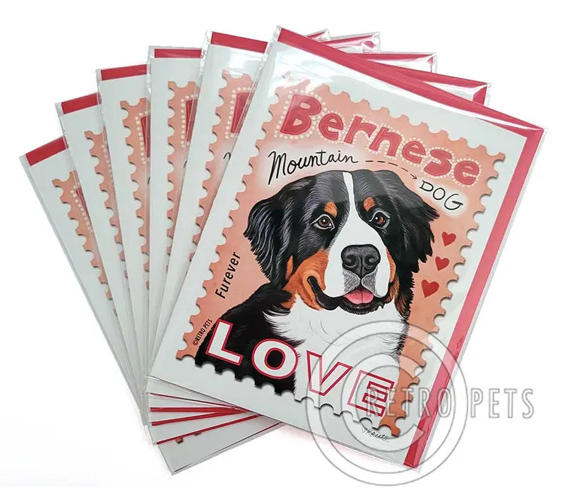 Bernese Mountain Dog Greeting Cards: Vintage 'Love' Stamp Theme (6-Pack) 1
