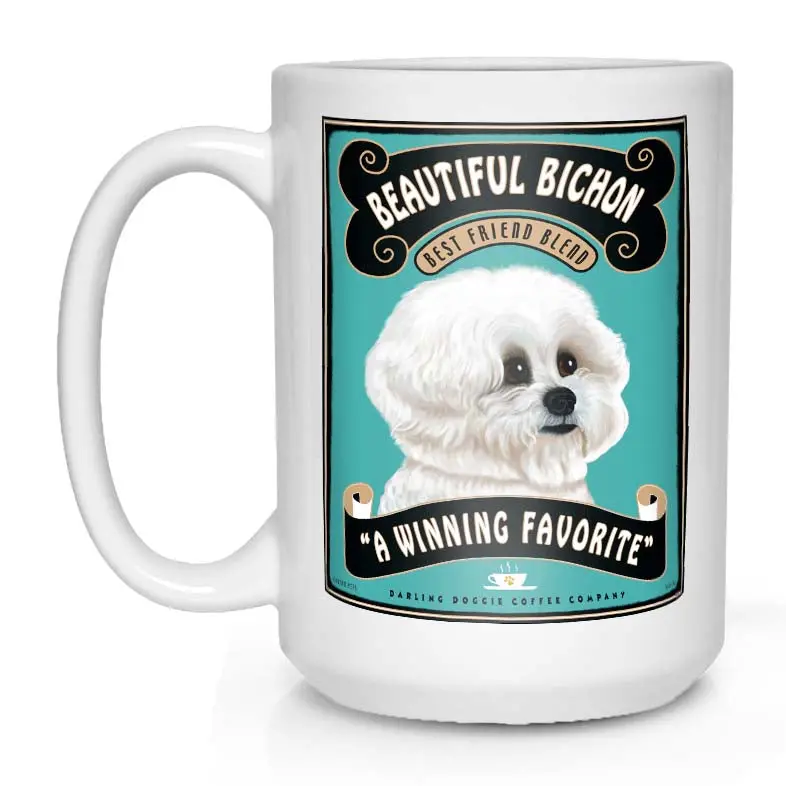 Bichon Frise Mug – 'Beautiful Bichon' Art, 15 Oz White Ceramic Coffee Cup 1
