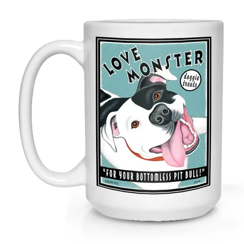 Black-And-White Pit Bull Mug – "Love Monster Doggie Treats", 15 Oz White Ceramic 1