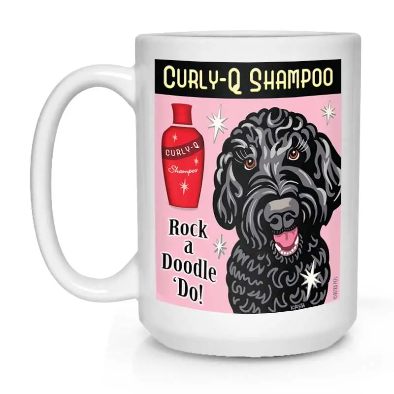 Black Labradoodle Mug: 'Curly-Q Shampoo' Illustrated Design – 15 Oz White Ceramic 1