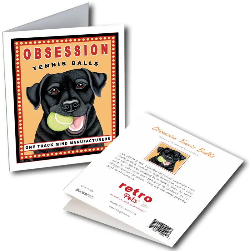 Black Labrador Greeting Cards: "Obsession Tennis Balls" By Krista Brooks 1