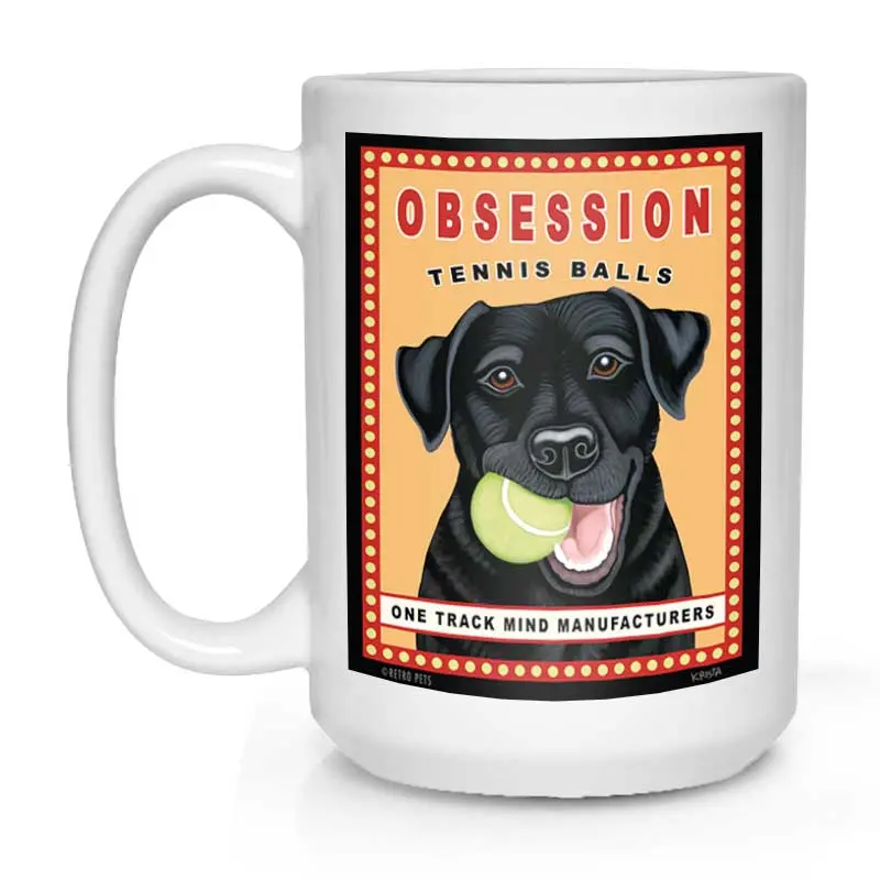 Black Labrador Mug: 'Obsession Tennis Balls' Illustration, 15 Oz, Premium White 1