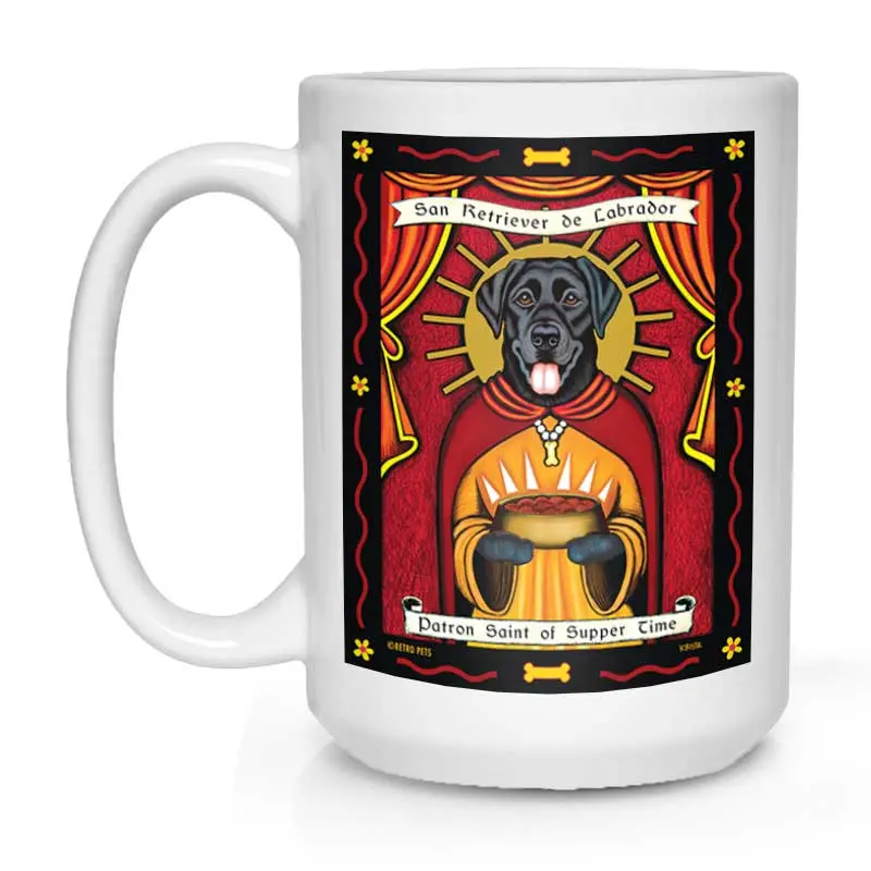 Black Labrador Mug: 'Saint Of Supper Time' Dinner-Obsessed Illustration, 15 Oz, Smooth White 1