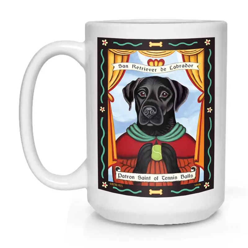 Black Labrador Mug: 'Saint Of Tennis Balls' Playful Devotion, 15 Oz, Minimalist White 1