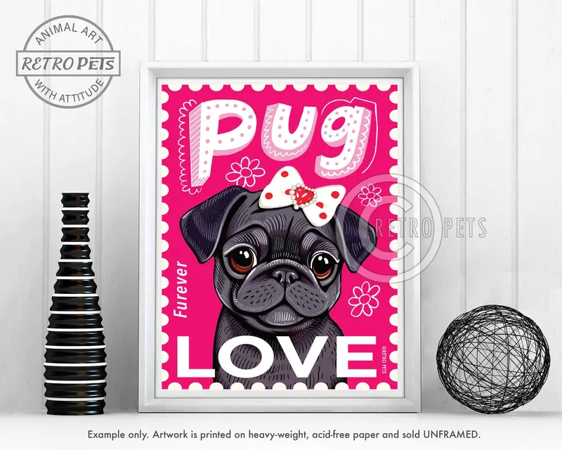 Black Pug 'Faux Love Furever Stamp' Art Print – Vintage-Inspired Canine Illustration 1