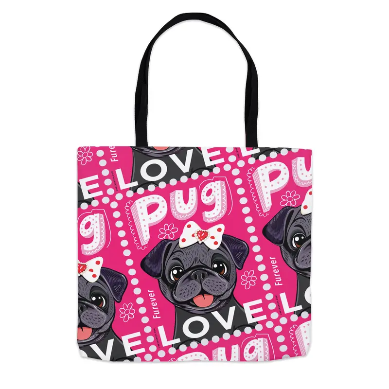 Black Pug 'Furever Stamp' Tote Bag – Stylish Pet-Themed Canvas Bag Set 1