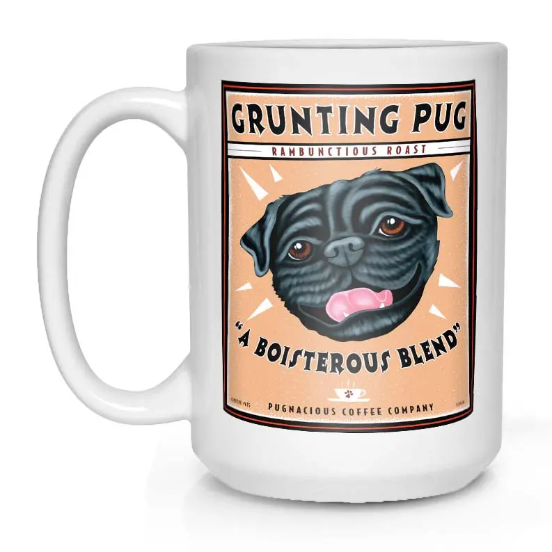 Black Pug Mug – 'Grunting Pug' Expressive Canine Art Tumbler (15 Oz, White) 1