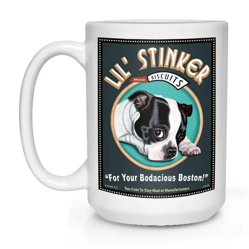 Black & White Boston Terrier Mug – 'Lil' Stinker Biscuits' Art, 15 Oz White Ceramic 1