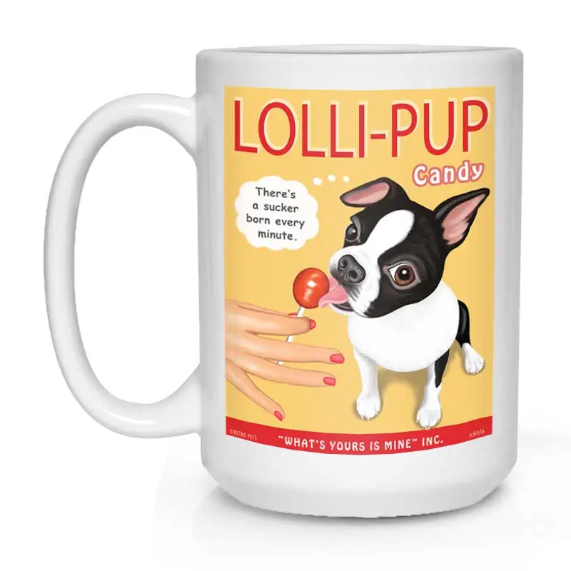 Black & White Boston Terrier Mug – 'Lolli-Pup' Illustration, 15 Oz White Ceramic 1