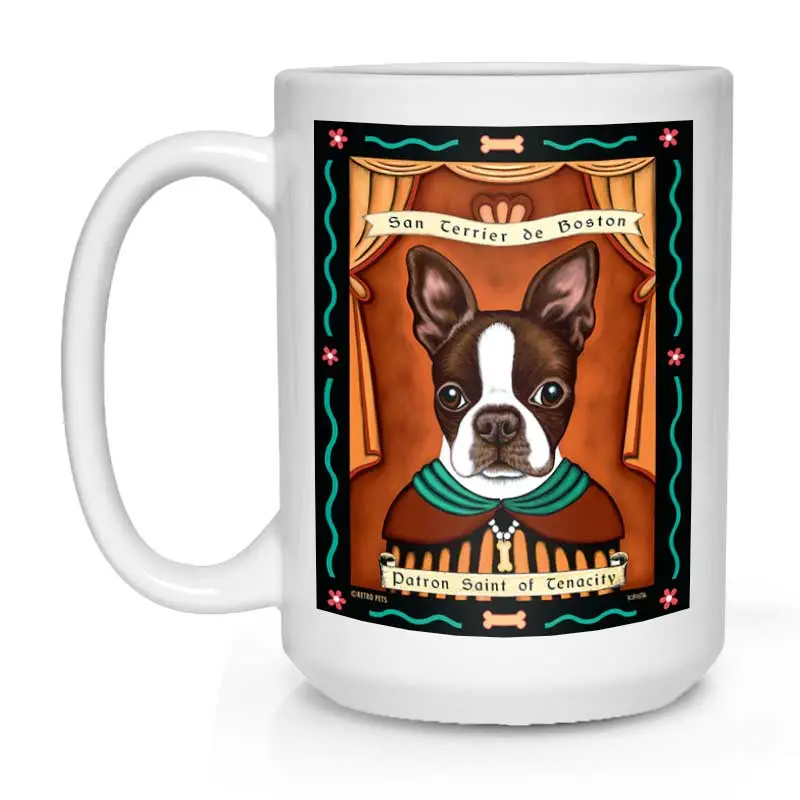 Black & White Boston Terrier Mug – 'Saint Of Tenacity' Design, 15 Oz White Ceramic 1