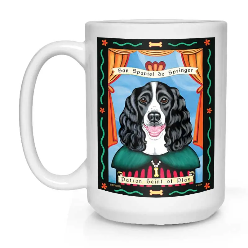 Black & White Springer Spaniel Mug – 'Saint Of Play' Illustrated Design, 15 Oz White Ceramic Cup 1