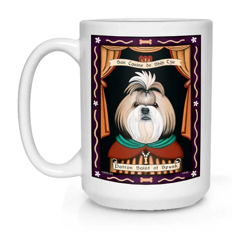 Blonde & White Shih Tzu Mug – 'Saint Of Spunk' Illustrated Design, 15 Oz White Ceramic Cup 1