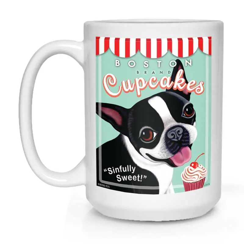 Boston Terrier Mug – 'Boston Cupcakes' Illustration, 15 Oz White Ceramic 1