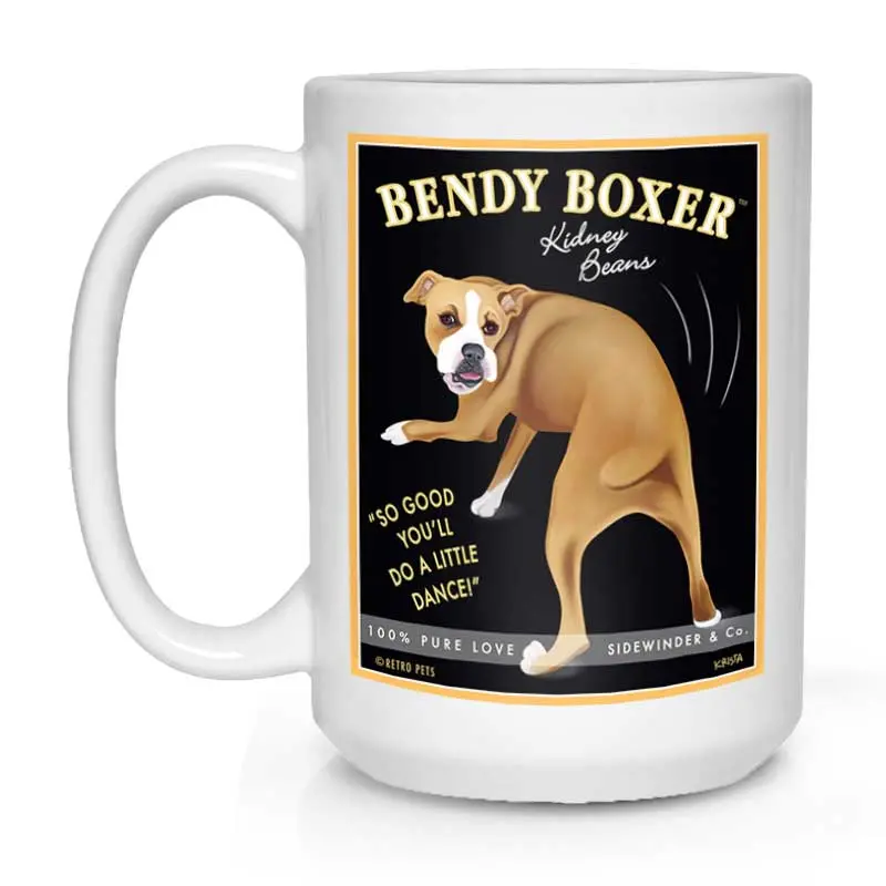 Boxer Mug – 'Bendy Boxer Kidney Beans' Illustration, 15 Oz White Coffee Cup 1