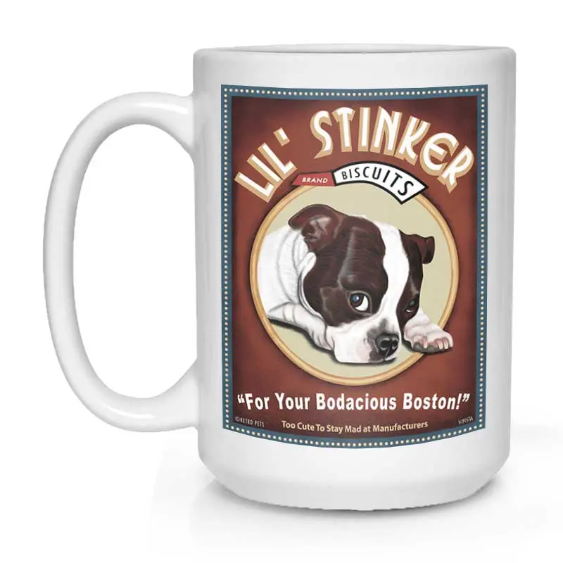 Brown & White Boston Terrier Mug – 'Lil' Stinker Biscuits' Illustration, 15 Oz White Coffee Cup 1