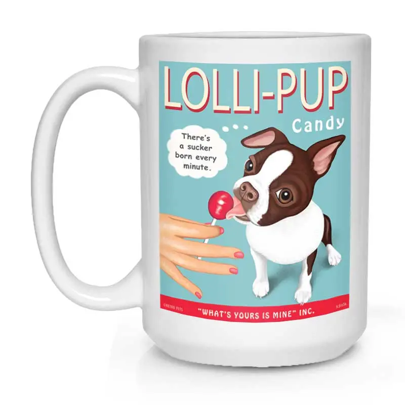 Brown & White Boston Terrier Mug – 'Lolli-Pup' Art, 15 Oz White Ceramic 1