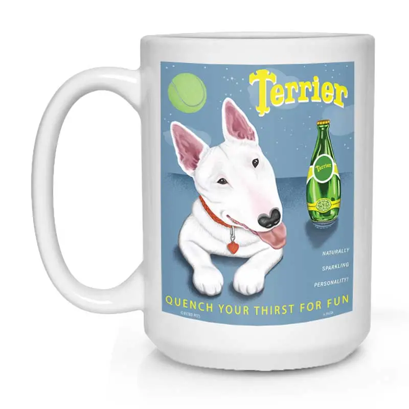 Bull Terrier Mug – 'Perrier Spoof' Art Print, 15 Oz White Coffee Cup 1