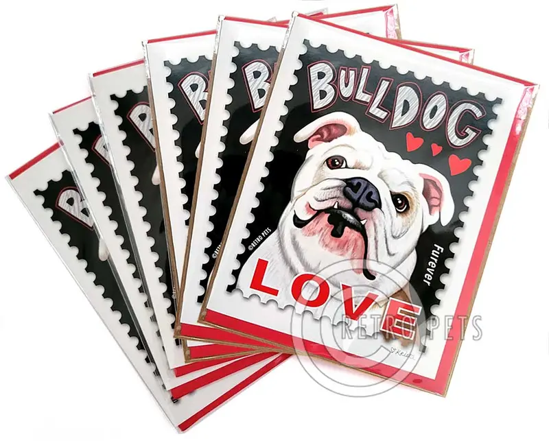 Bulldog Greeting Cards: Nostalgic 'Love' Stamp Art (6-Pack) 1