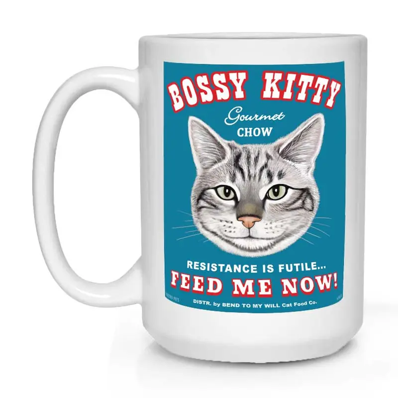 Cat Mug – 'Bossy Kitty' Humorous Design, 15 Oz White Coffee Cup 1