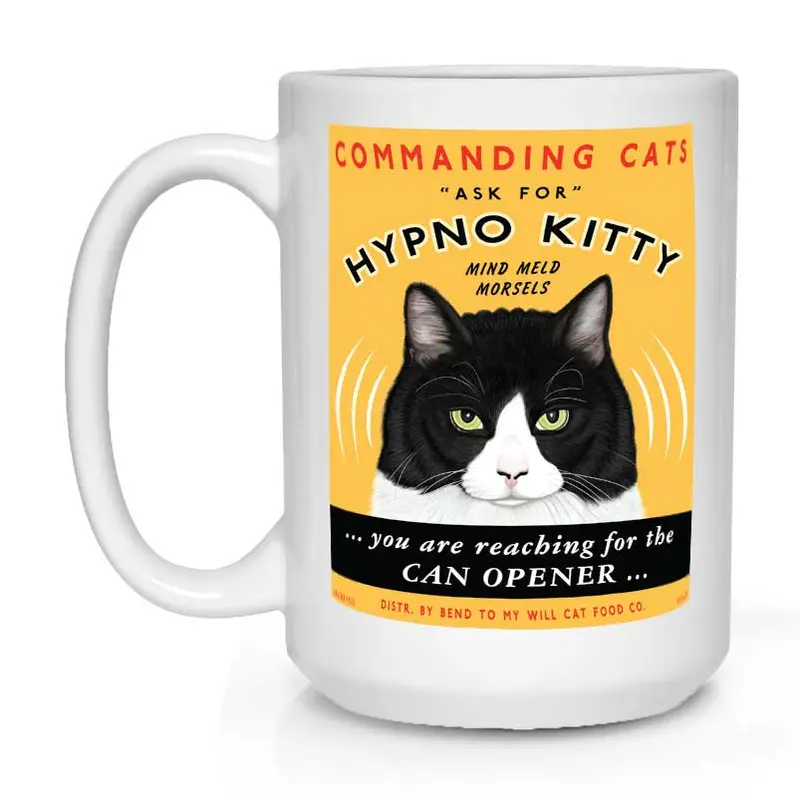 Cat Mug – 'Hypno Kitty' Illustration, 15 Oz White Ceramic 1