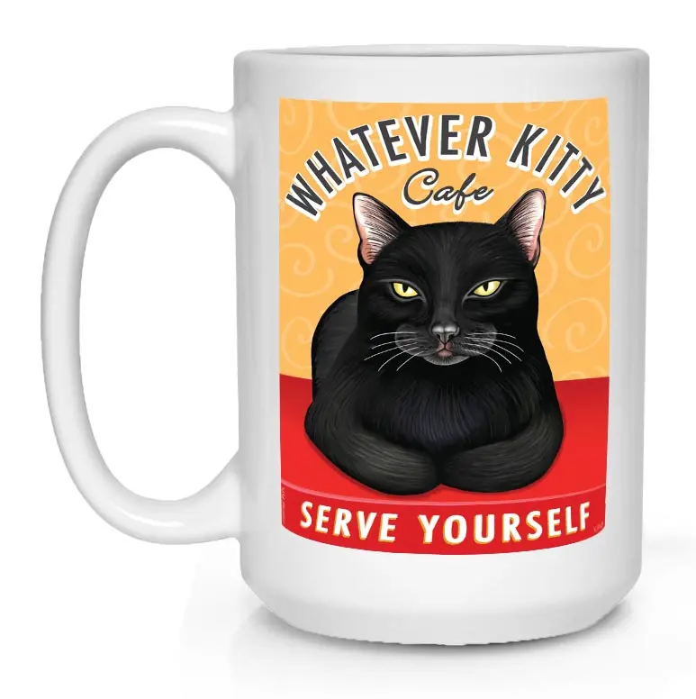 Cat-Themed Mug – 'Whatever Kitty Cafe' Art, 15 Oz White Coffee Cup 1