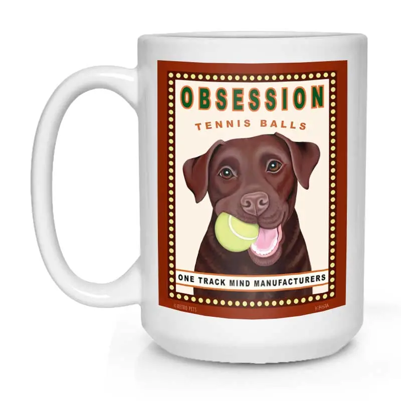 Chocolate Lab Mug – "Obsession Tennis Balls" Theme, 15 Oz White Ceramic Cup 1