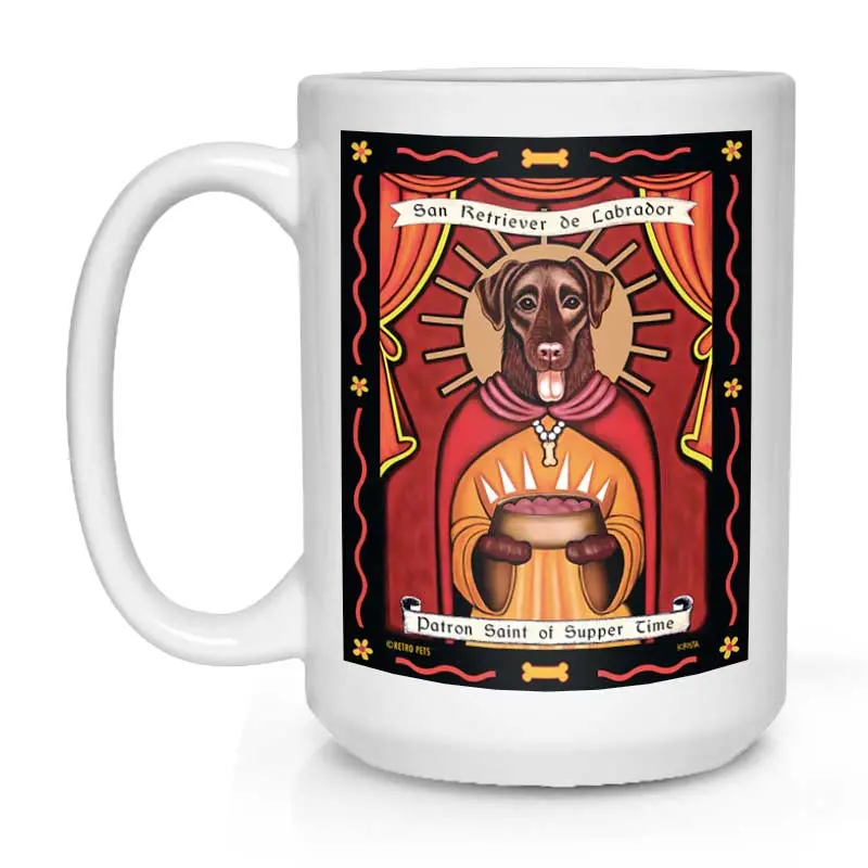 Chocolate Labrador Mug: 'Saint Of Supper Time' Gourmet Canine Theme, 15 Oz, Creamy White 1