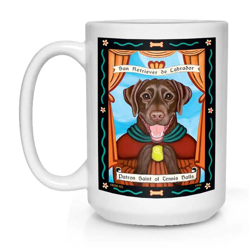 Chocolate Labrador Mug: 'Saint Of Tennis Balls' Energetic Canine Art, 15 Oz, Warm White 1