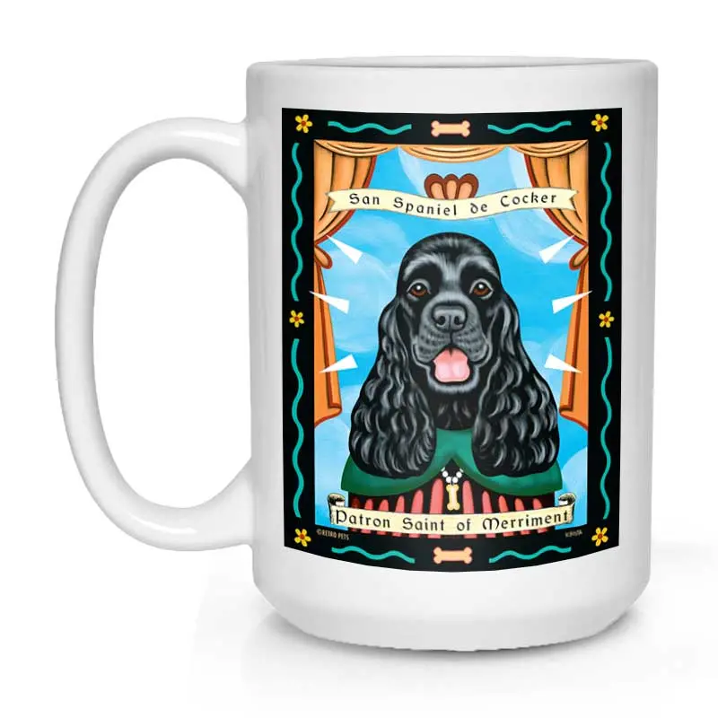 Cocker Spaniel Ceramic Mug – 'Saint Of Merriment' Design, 15 Oz White Coffee Cup 1