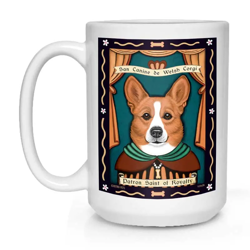 Corgi-Themed Mug – 'Saint Of Royalty' Illustration, 15 Oz White Ceramic Cup 1
