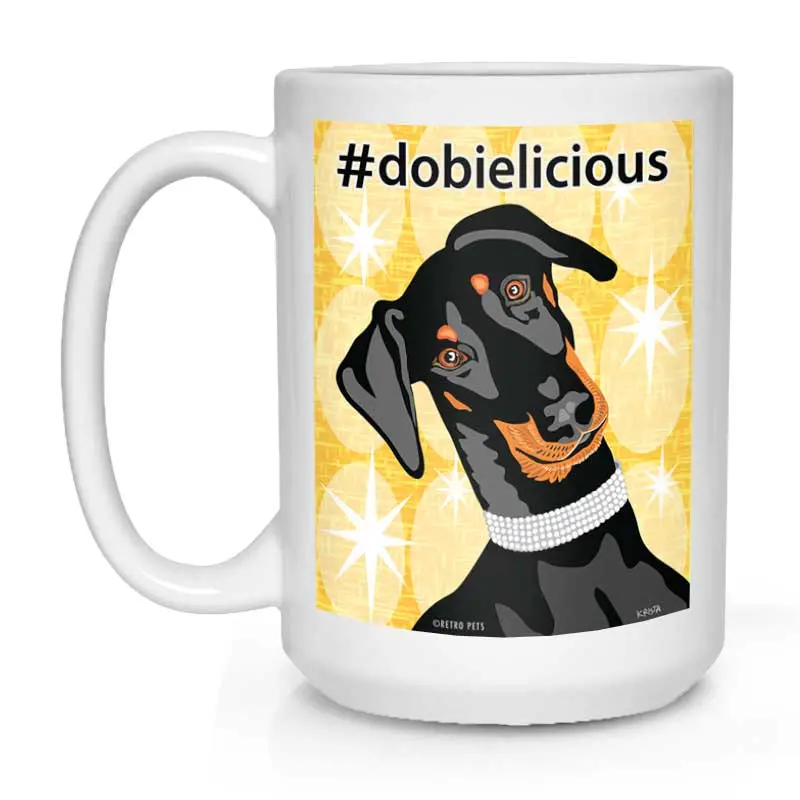 Doberman Mug: 'Dobielicious' Stylish & Bold Design, 15 Oz, Sleek White 1
