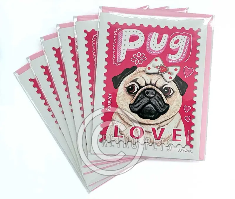 Fawn Pug Greeting Cards: Whimsical 'Love' Stamp Illustration (6-Pack) 1
