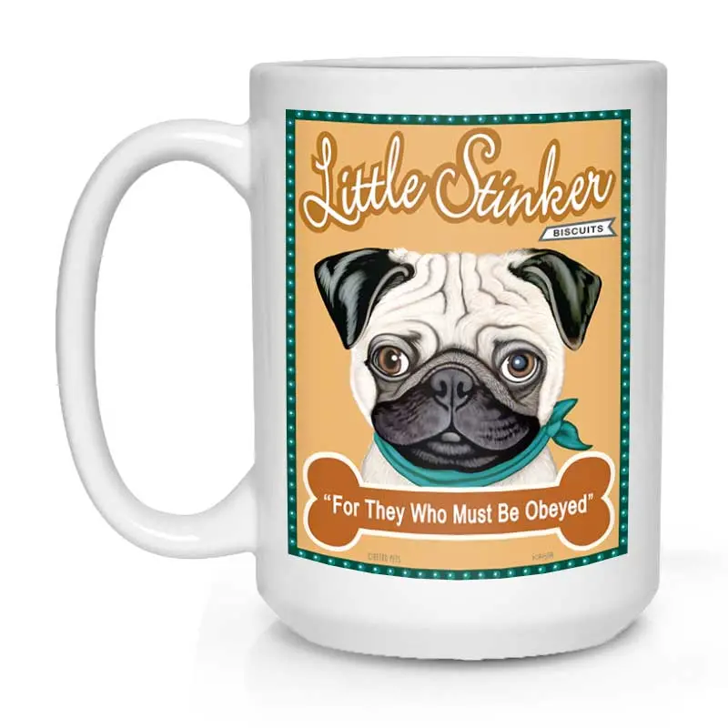 Fawn Pug Mug – "Little Stinker" Illustrated Coffee Cup, 15 Oz White Stoneware 1