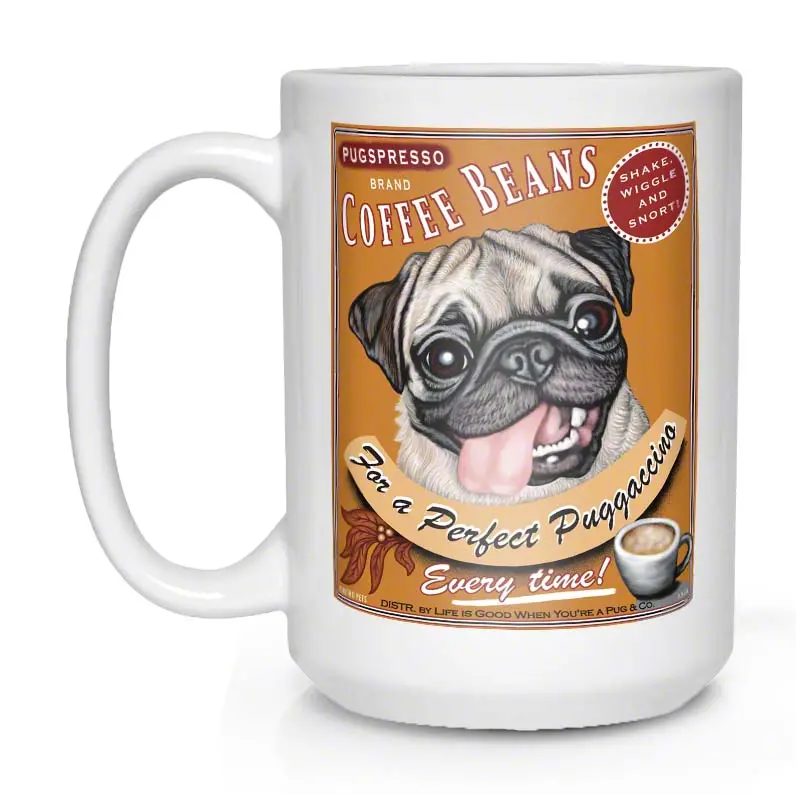 Fawn Pug Mug – 'Puggaccino' Humorous Canine-Themed Tumbler (15 Oz, White) 1