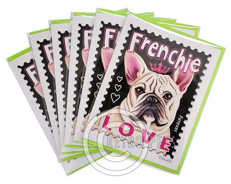 French Bulldog Greeting Cards: Retro 'Love' Stamp Design (6-Pack) 1