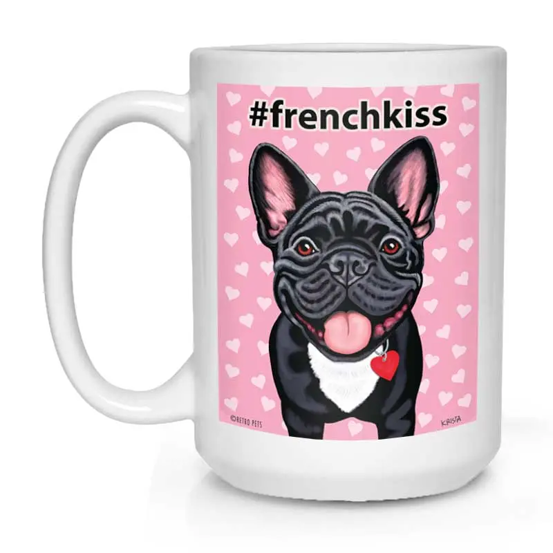 French Bulldog Mug: 'French Kiss' Charming & Quirky Art, 15 Oz, Matte White 1