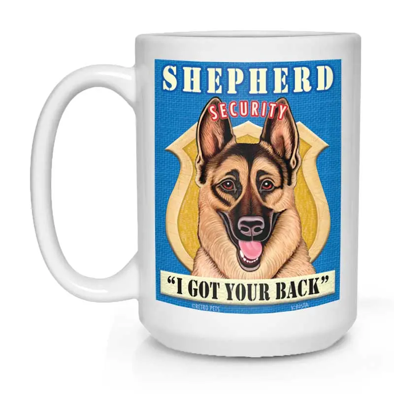 German Shepherd Mug – "Shepherd Security" Art Print, 15 Oz White Stoneware 1