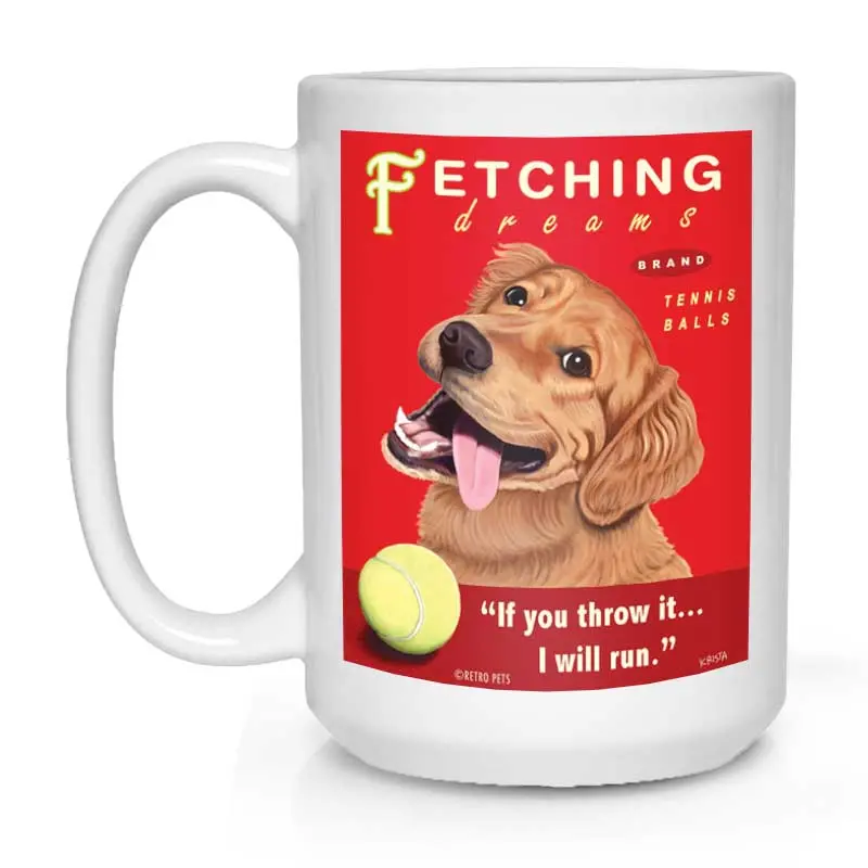 Golden Retriever Mug – "Fetching Dreams" Art, 15 Oz White Ceramic Coffee Cup 1