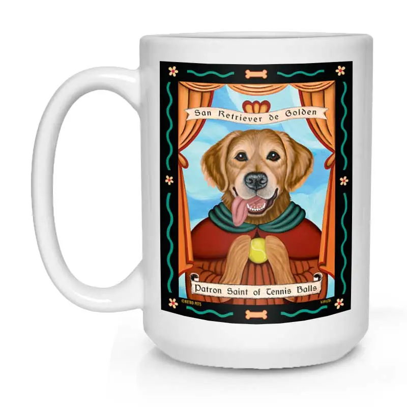 Golden Retriever Mug: 'Saint Of Tennis Balls' Friendly Fetch Theme, 15 Oz, Warm White 1