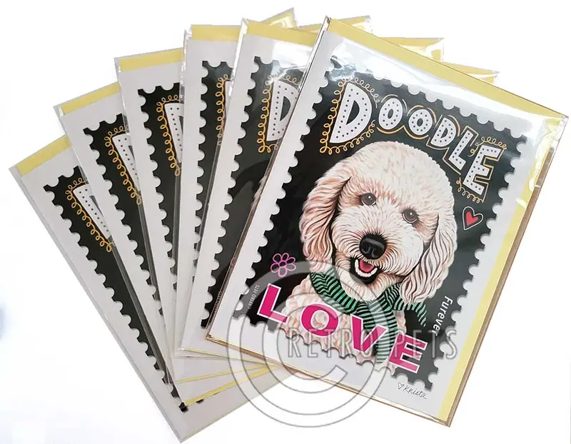 Goldendoodle Greeting Cards: Playful 'Love' Stamp Illustration (6-Pack) 1