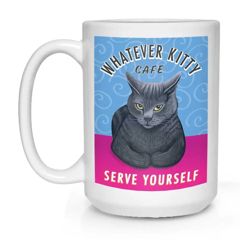Grey Cat Themed Mug – "Whatever Kitty Cafe" Illustration, 15 Oz White Ceramic Cup 1