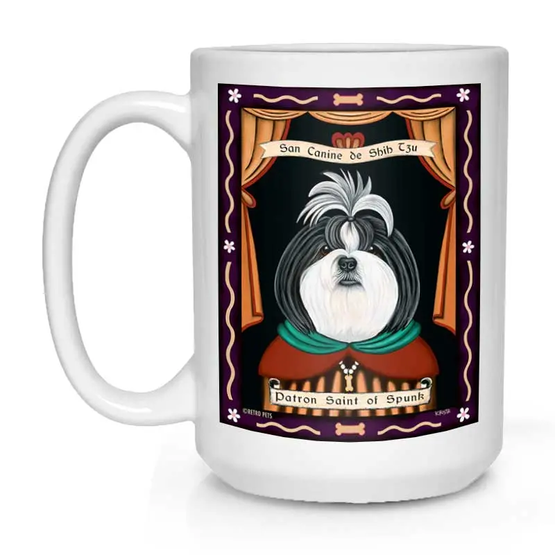Grey & White Shih Tzu Mug – 'Saint Of Spunk' Illustrated Art, 15 Oz White Ceramic Cup 1